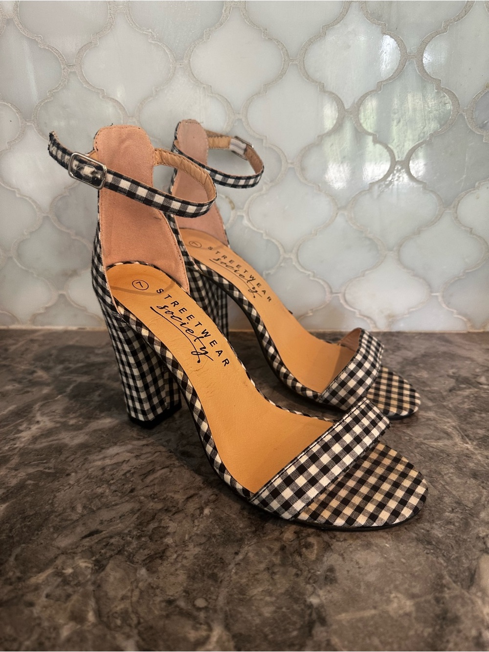 Streetwear Society Black & White Gingham Ankle-Strap Block Heels - Picture 3 of 6